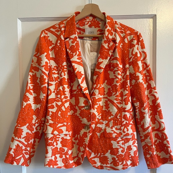 LOFT Jackets & Blazers - Vintage Y2K LOFT Women's Vibrant Orange and Cream Floral Blazer dead stock